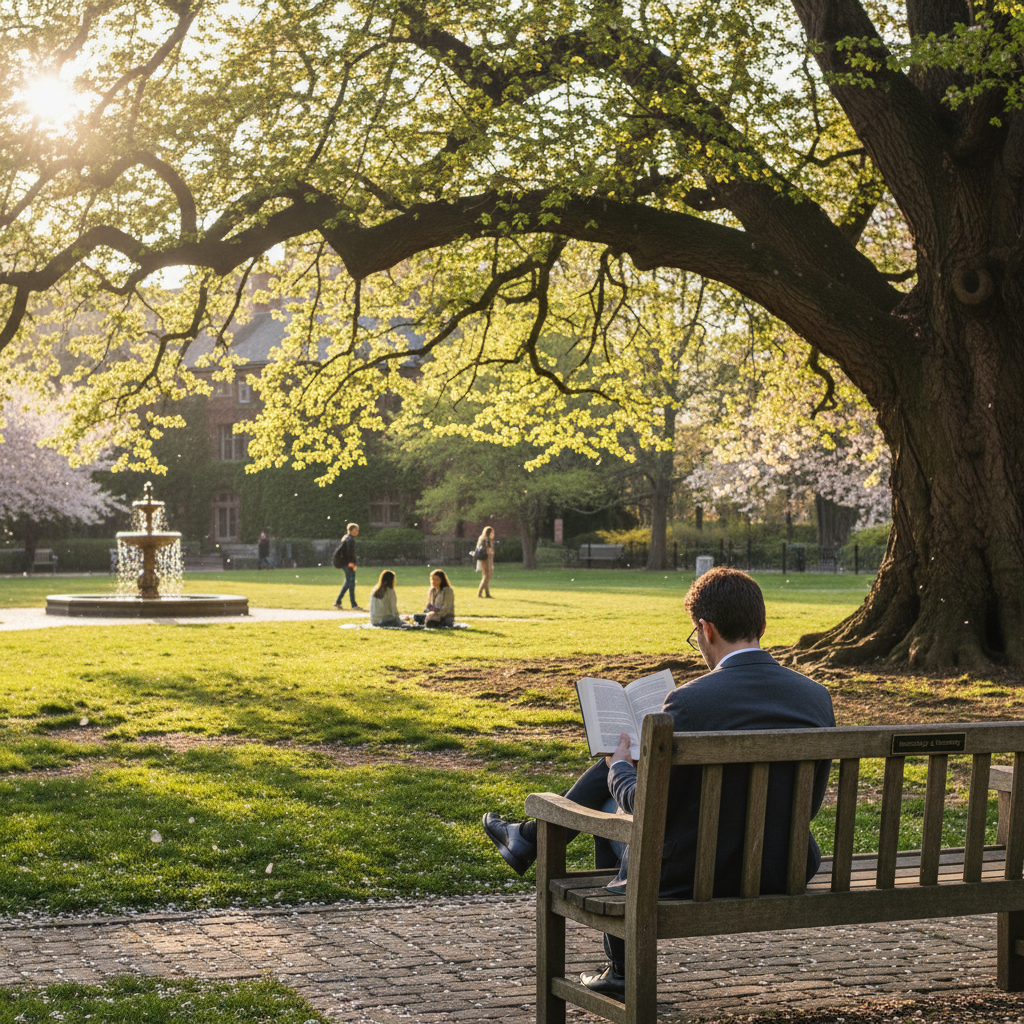 따스한 햇살이 내리쬐는 커다란 느티나무 아래에서 철학 서적을 읽고 있는 사람의 뒷모습과 평화로운 공원의 분위기.