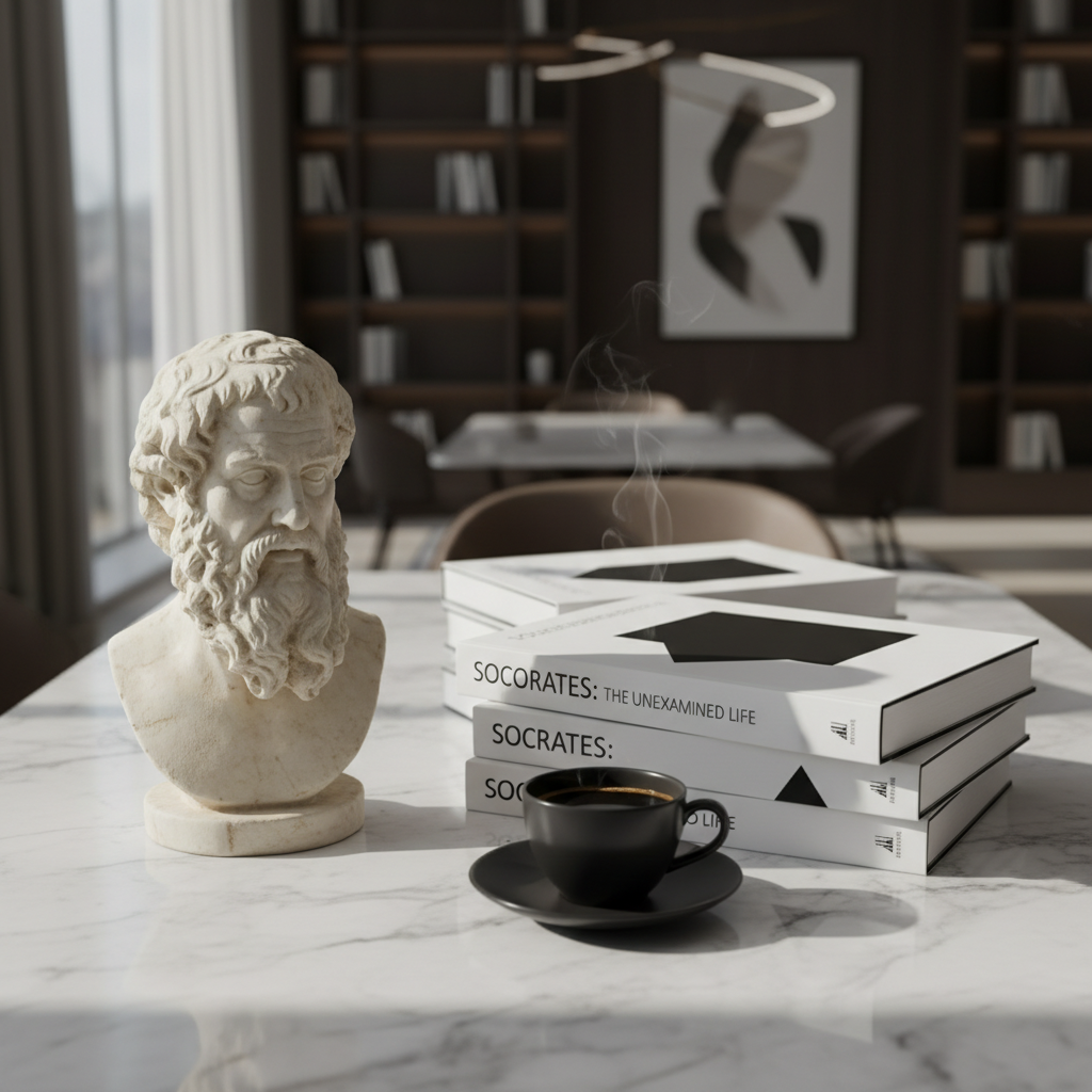 하얀색 대리석 테이블 위에 놓인 그리스 철학자 조각상과 현대적인 디자인의 철학 전문 서적, 그리고 한 잔의 진한 블랙커피.