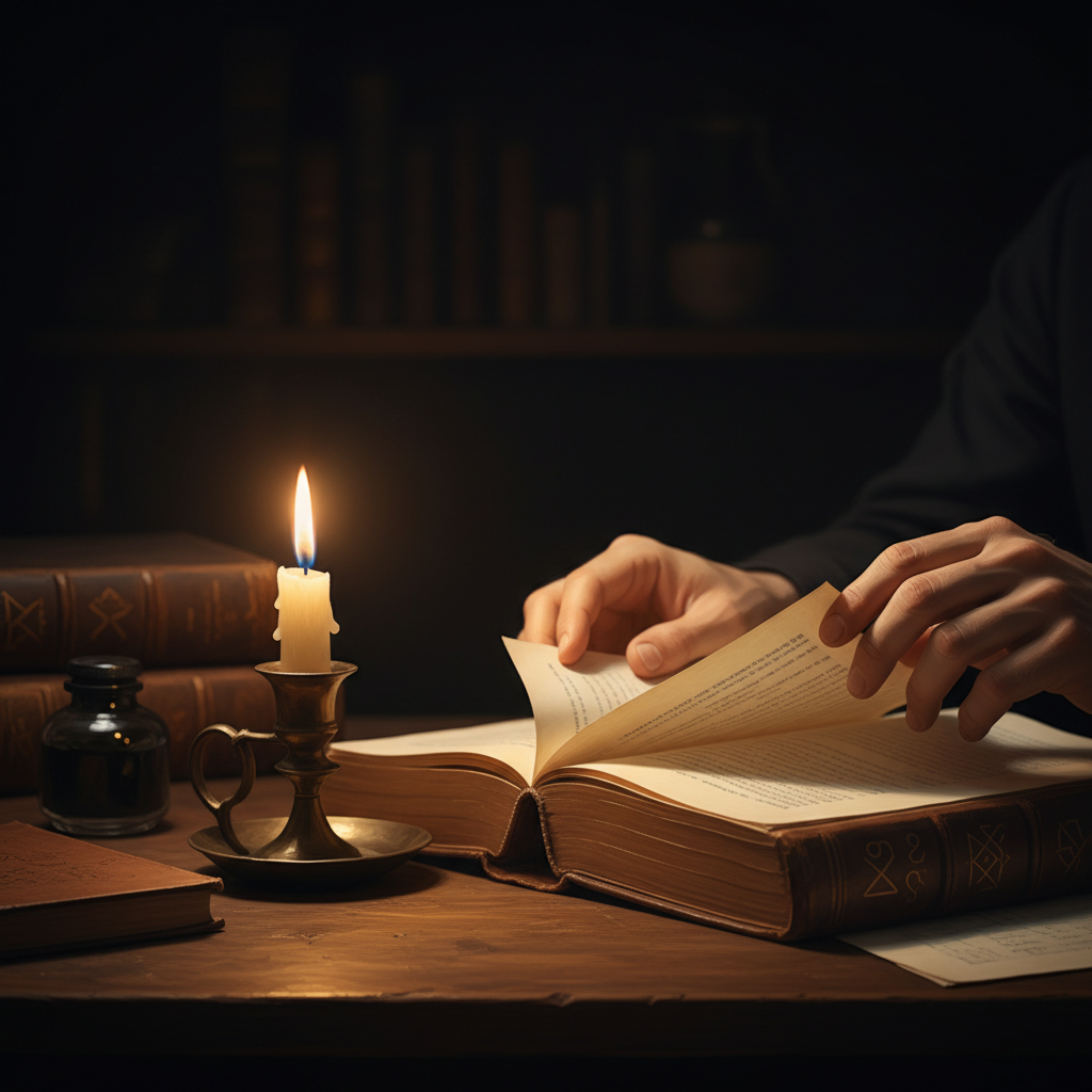 어두운 밤, 은은한 촛불 하나에 의지해 가죽 양장본 철학 책을 넘기는 손과 종이 위에 드리워진 부드러운 그림자.