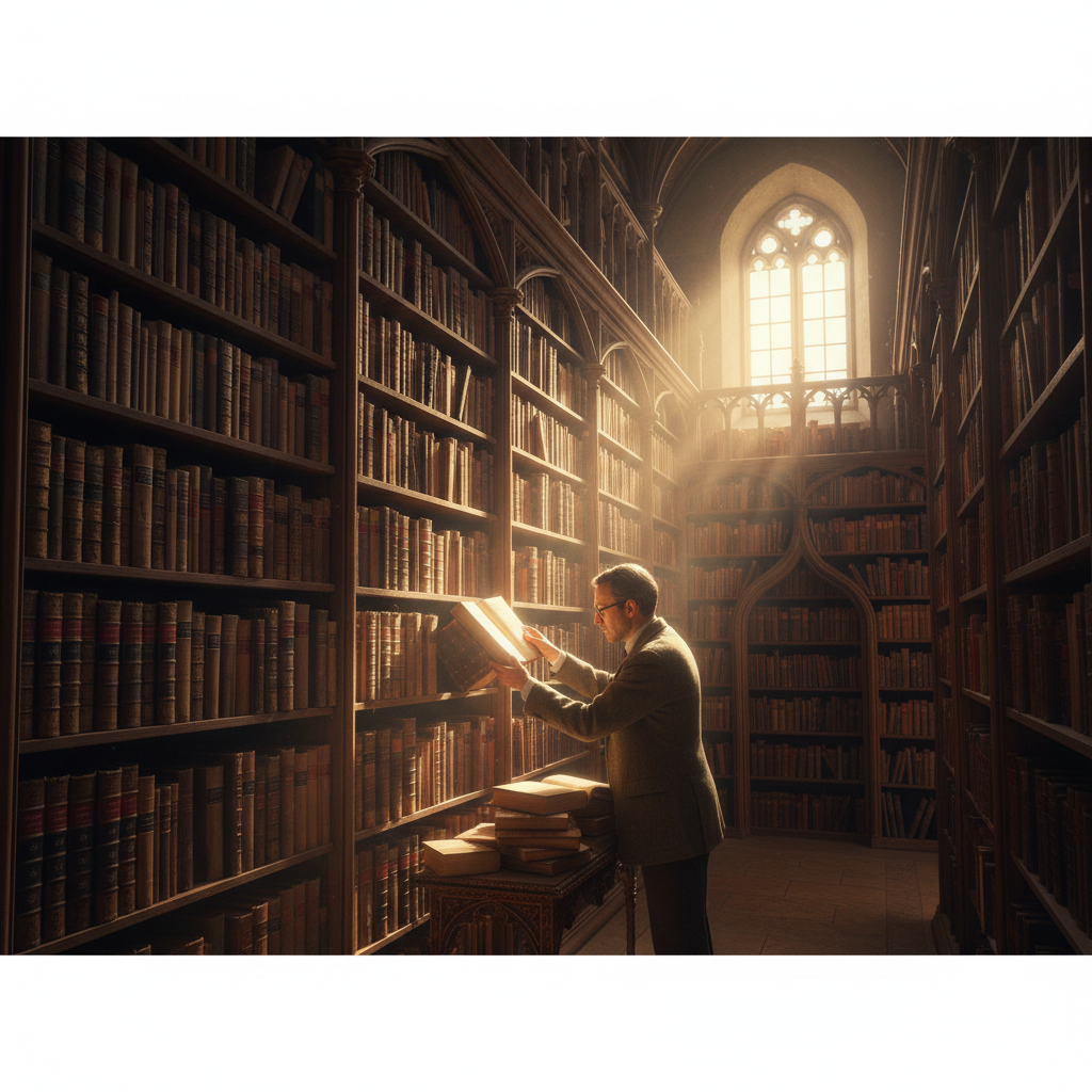 수만 권의 고서가 쌓인 도서관의 높은 서가 사이로 들어오는 한 줄기 빛과 그 빛을 받으며 책을 고르는 학구적인 분위기.